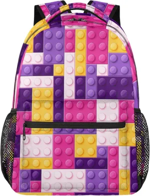 Kids Backpack for Boys - Elementary Middle School Bag Student Bookbag for Girls Teens - Casual Daypack Travel Laptop Backpacks(Purple Building Blocks)