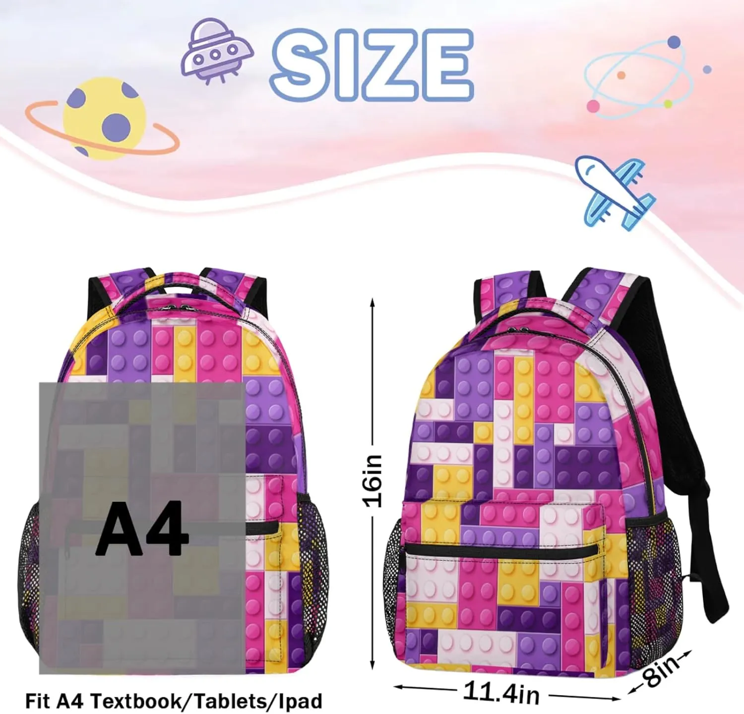 Kids Backpack for Boys - Elementary Middle School Bag Student Bookbag for Girls Teens - Casual Daypack Travel Laptop Backpacks(Purple Building Blocks)
