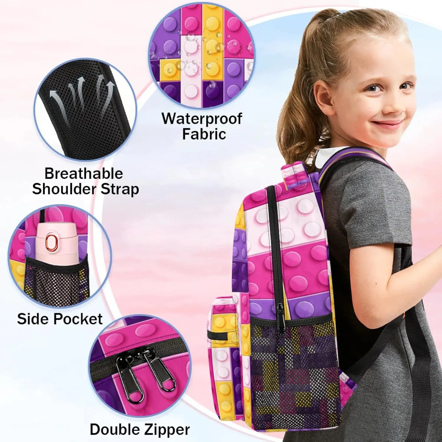 Kids Backpack for Boys - Elementary Middle School Bag Student Bookbag for Girls Teens - Casual Daypack Travel Laptop Backpacks(Purple Building Blocks)
