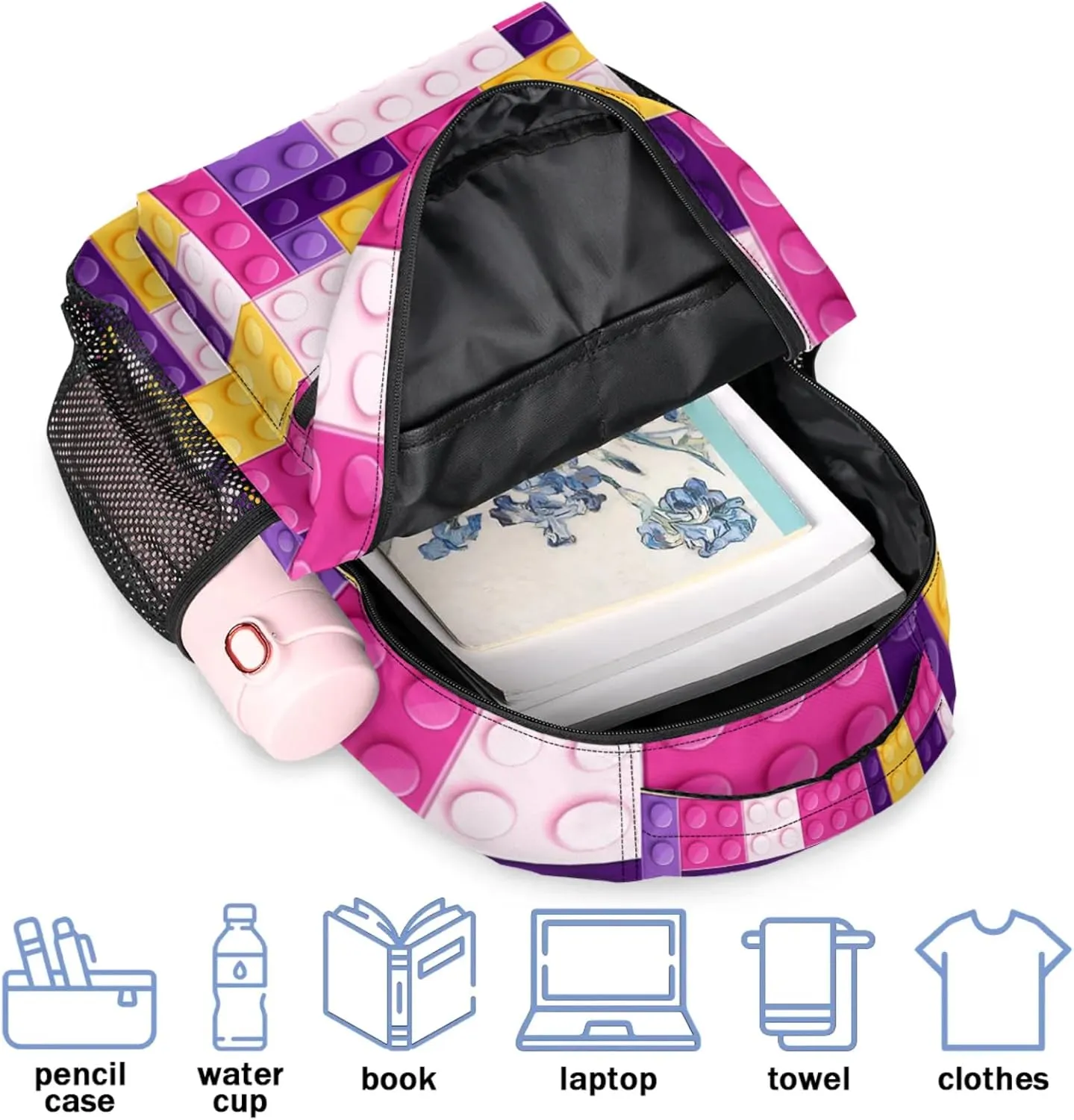 Kids Backpack for Boys - Elementary Middle School Bag Student Bookbag for Girls Teens - Casual Daypack Travel Laptop Backpacks(Purple Building Blocks)