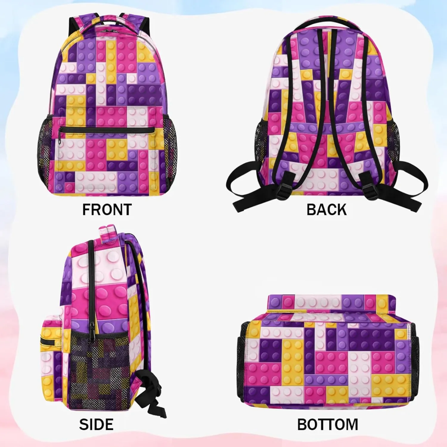Kids Backpack for Boys - Elementary Middle School Bag Student Bookbag for Girls Teens - Casual Daypack Travel Laptop Backpacks(Purple Building Blocks)