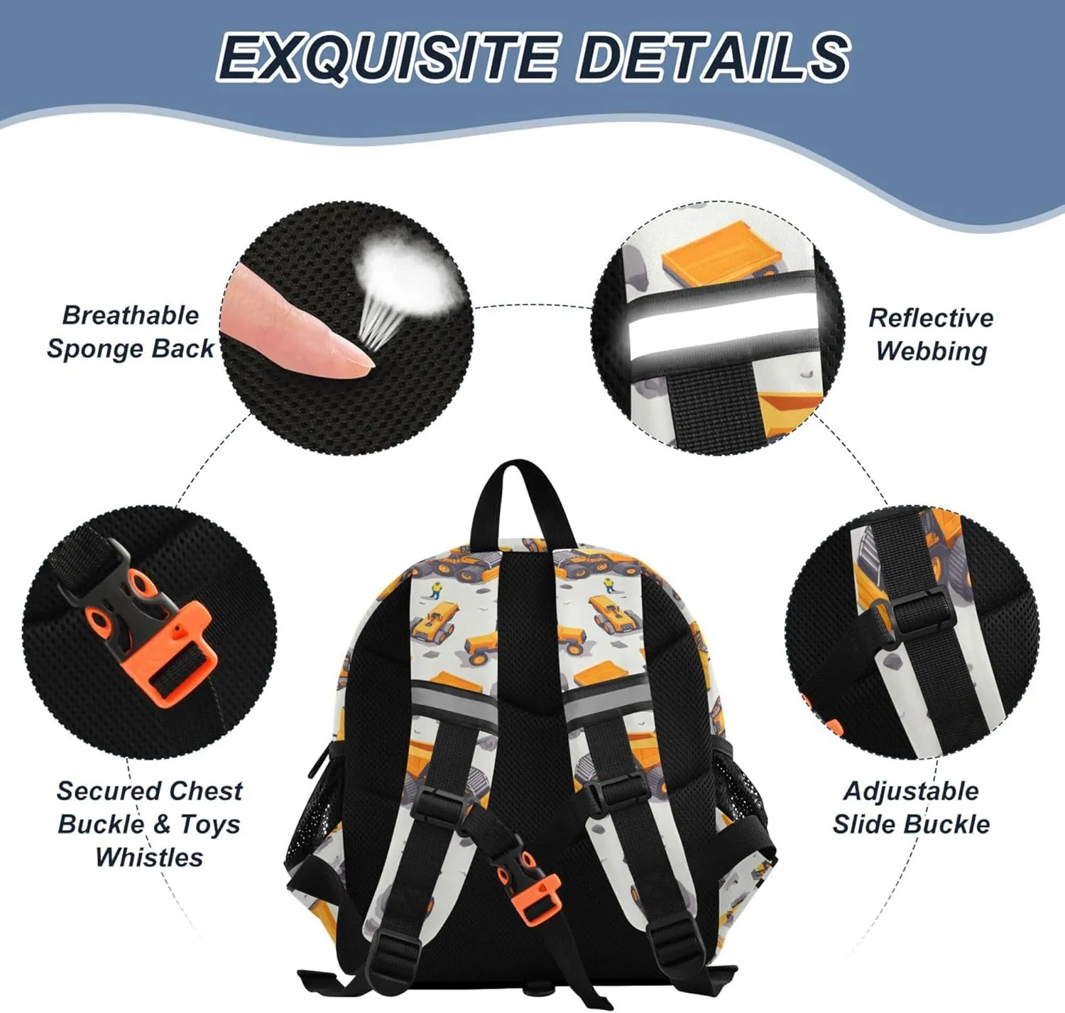 KLL Custom Cute Ears Backpacks For School Leash Boy's/Girl's Anti-Lost Personalized Diaper Bag Backpack with Reflective Strip M Construction Scene Dam Construction Dump Truck Grader