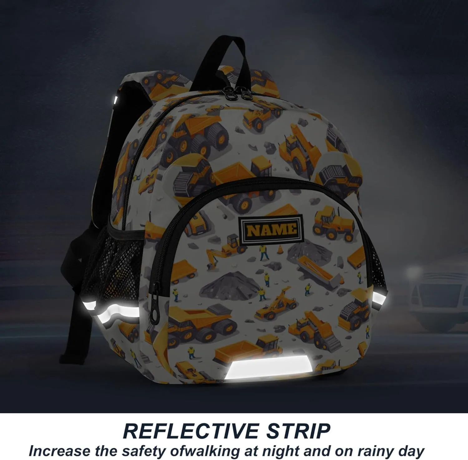 KLL Custom Cute Ears Backpacks For School Leash Boy's/Girl's Anti-Lost Personalized Diaper Bag Backpack with Reflective Strip M Construction Scene Dam Construction Dump Truck Grader