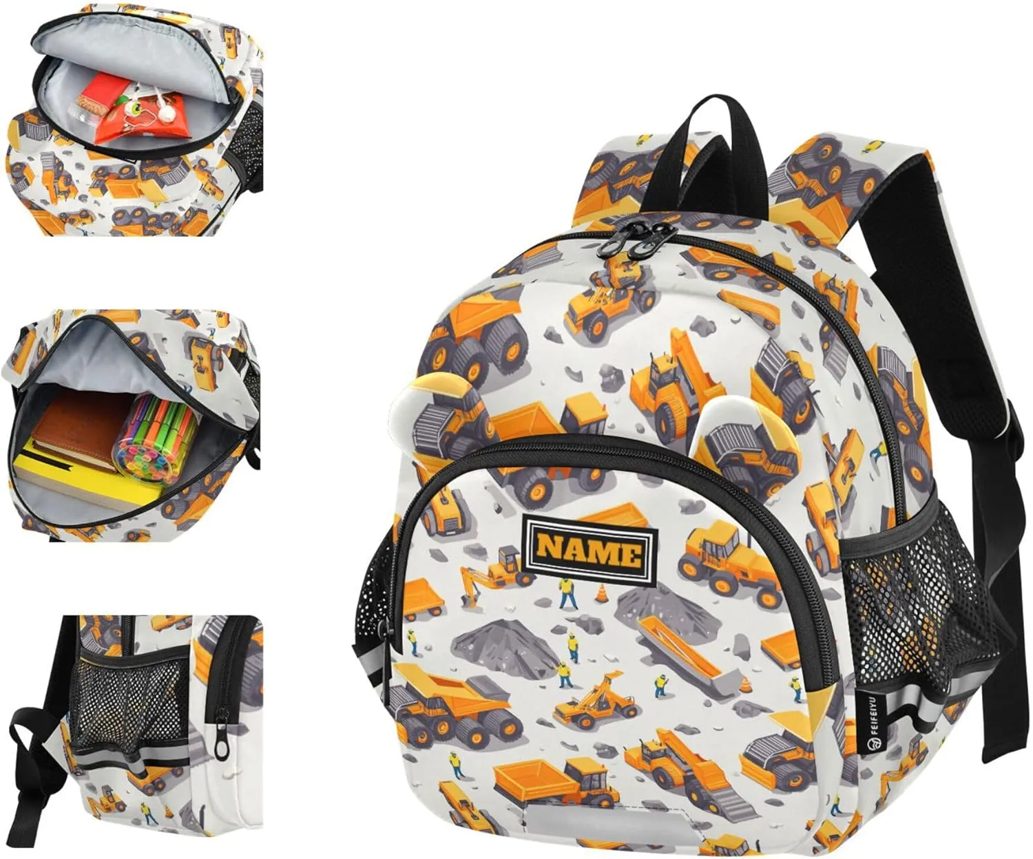 KLL Custom Cute Ears Backpacks For School Leash Boy's/Girl's Anti-Lost Personalized Diaper Bag Backpack with Reflective Strip M Construction Scene Dam Construction Dump Truck Grader