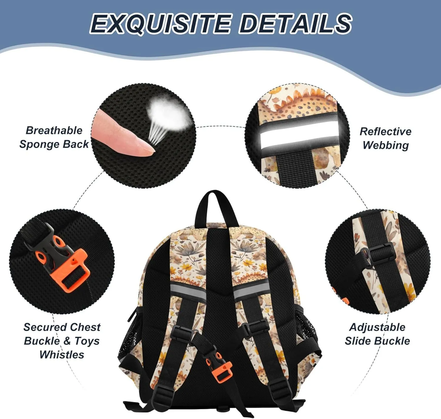 KLL Cute Ears Toddler School Bag Leash Boys Girls Anti-Lost Personalized Toddler Bookbag with Reflective Strip M Beauty Dinosaur Ankylosaurus