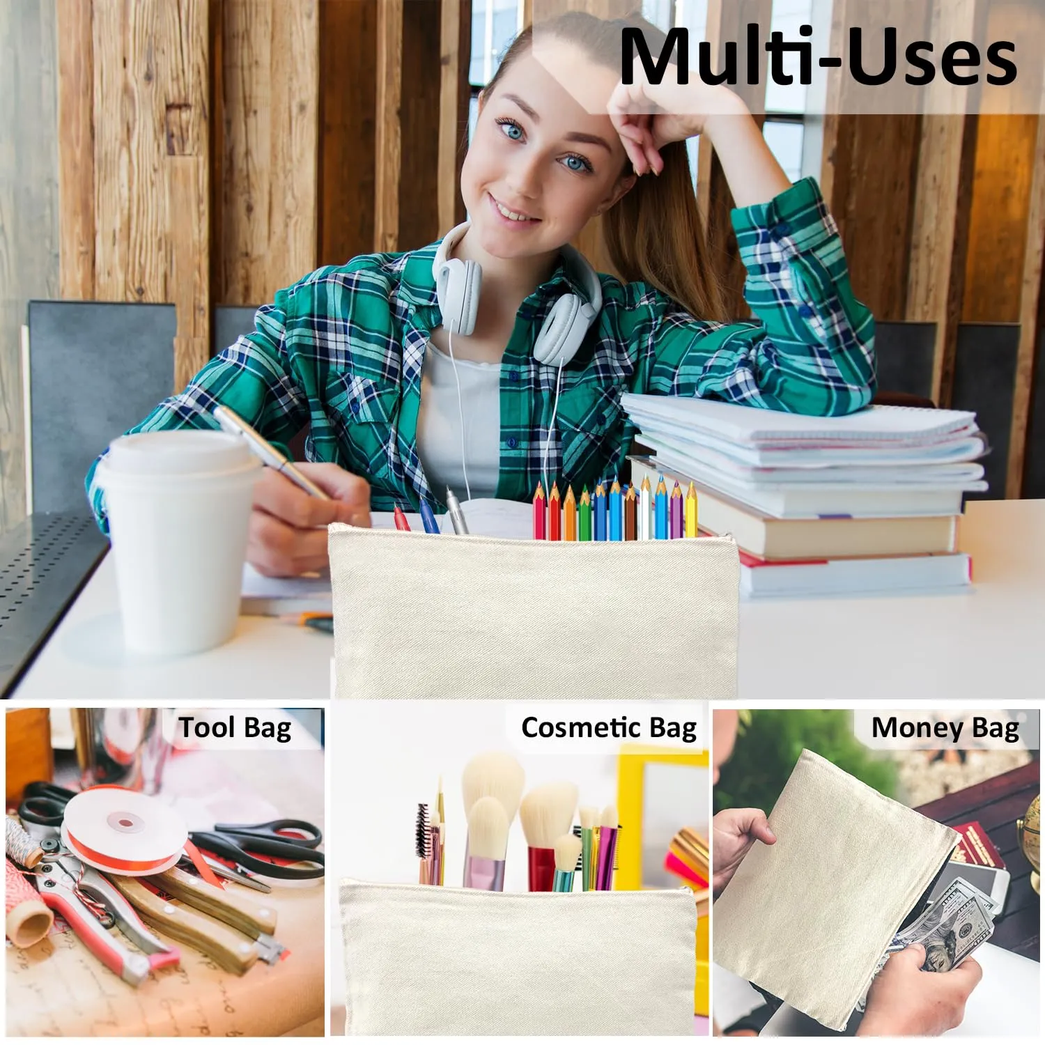 Koolmox Canvas Cosmetic Bag Bulk, 16pcs 9x7'' Canvas Zipper Pouch, Plain Canvas Pencil Bag, Pen Bags, Black Cosmetic Bags Bulk for DIY Crafts, Vinyl Print, Personalization, Decoration, Painting