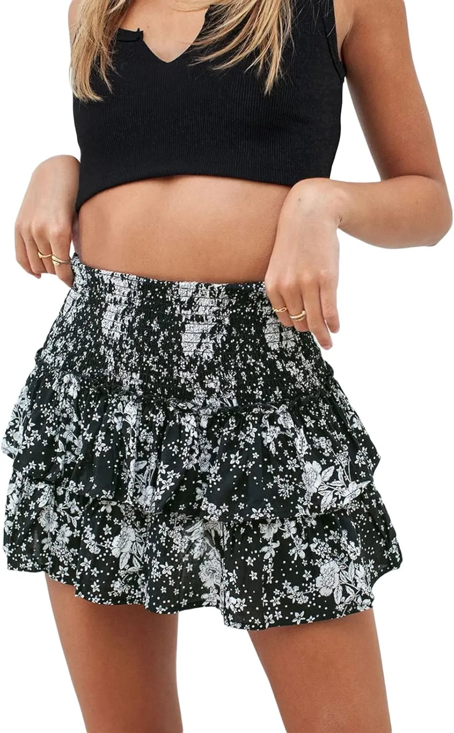 KOSUSANILL Y2k Womens Short Skirt Tiered Sexy Lolita Layered Smocked Ruffle Hem Boho Tiered Pleated Mini Shirred Waist Skirts