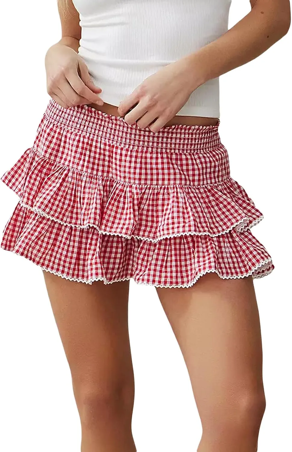 KOSUSANILL Y2k Womens Short Skirt Tiered Sexy Lolita Layered Smocked Ruffle Hem Boho Tiered Pleated Mini Shirred Waist Skirts