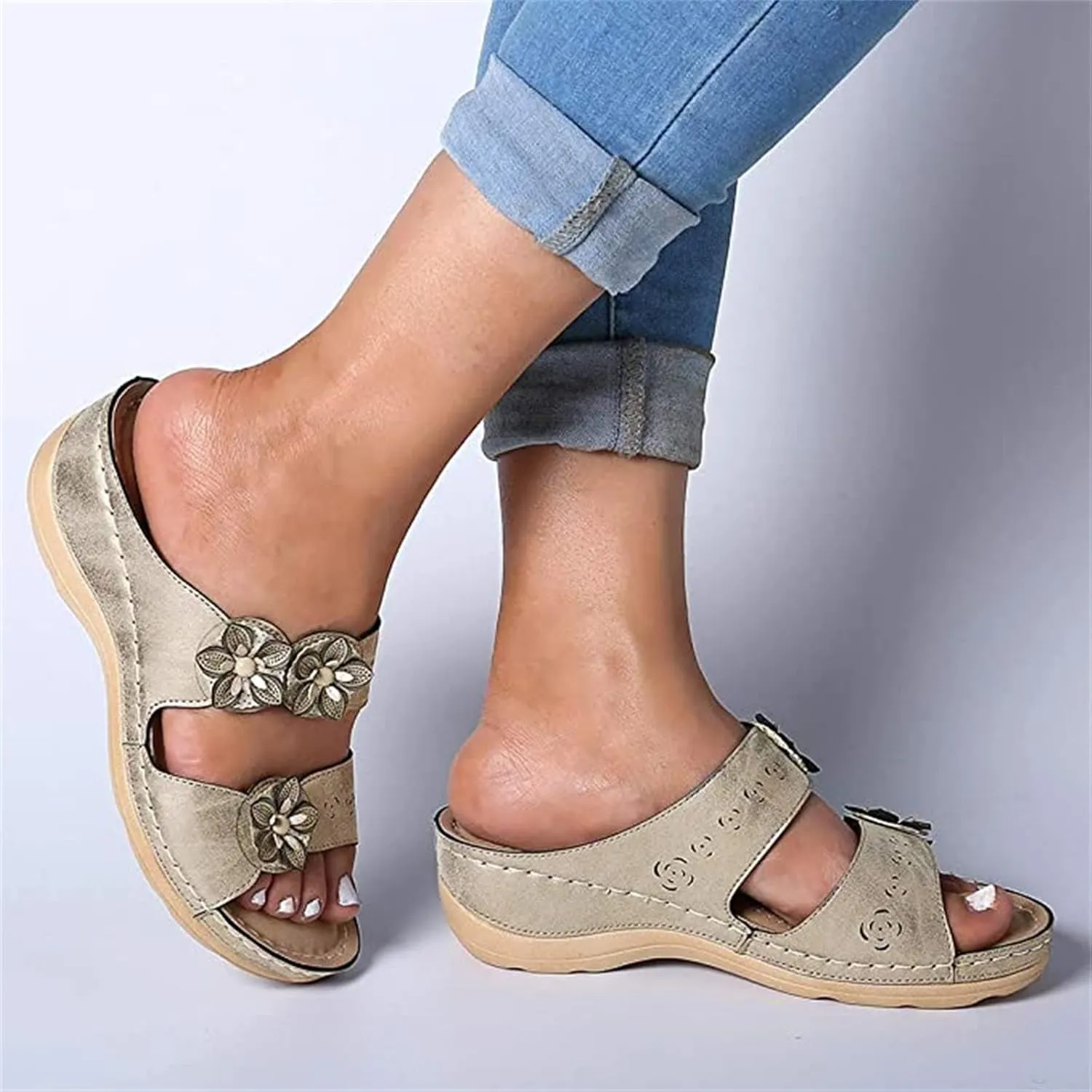 Ladmiple Fashion Sandals Women Dressy Summer Flat Orthotic Slides Comfort Walking Open Toe Arch Support Orthopedic Flip Flops