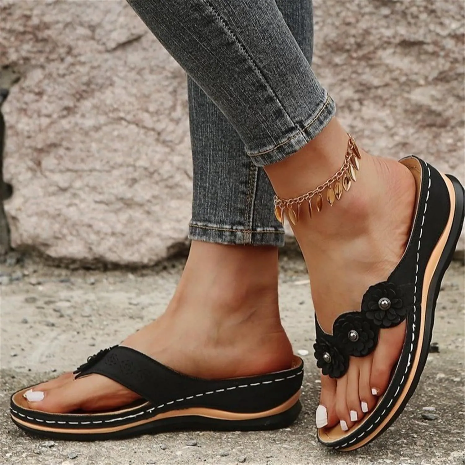 Ladmiple Sandals Women Comfortable Dressy Slip On Flat Sandals Summer Orthopedic Orthotic Flip Flops with Arch Support