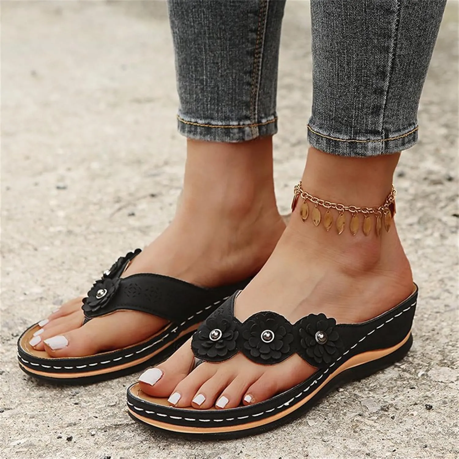 Ladmiple Sandals Women Comfortable Dressy Slip On Flat Sandals Summer Orthopedic Orthotic Flip Flops with Arch Support