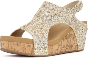 Ladmiple Womens Sandals Comfortable Dressy Wedge Heel Platform Sandals Slip on Ankle Strap Glitter Casual Summer Dress Shoes