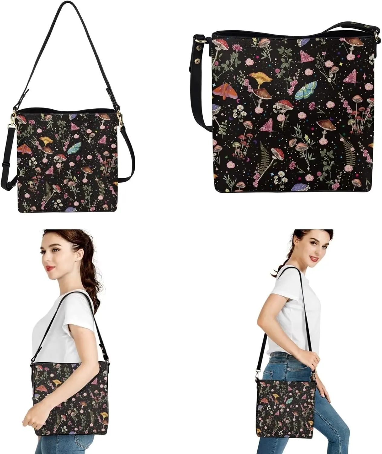 Leather Bucket Bag Set for Women Shoulder Bag with Car Key Case 2 Pcs Crossbody Bag with Detachable Strap