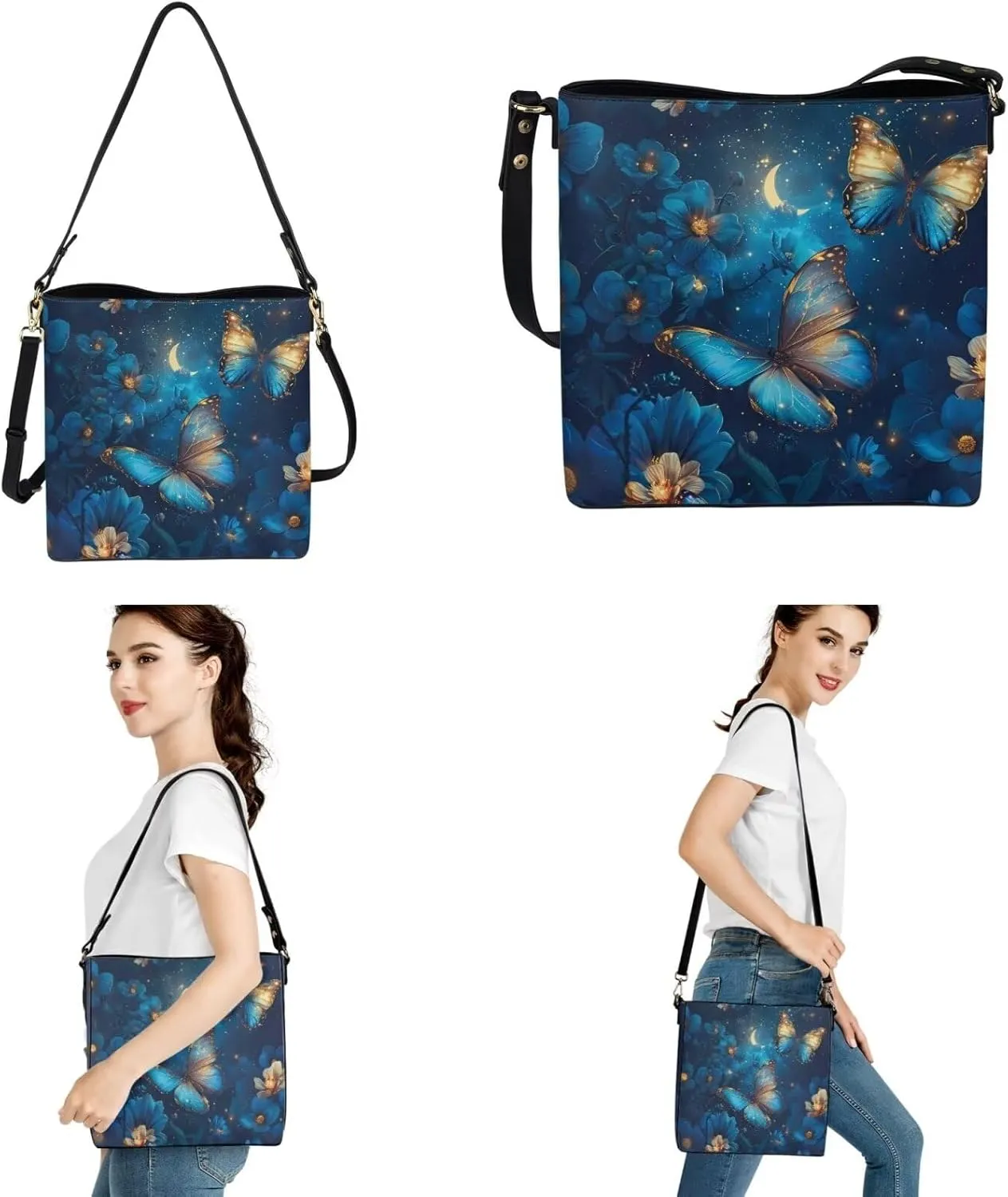 Leather Bucket Bag Set for Women Shoulder Bag with Car Key Case 2 Pcs Crossbody Bag with Detachable Strap