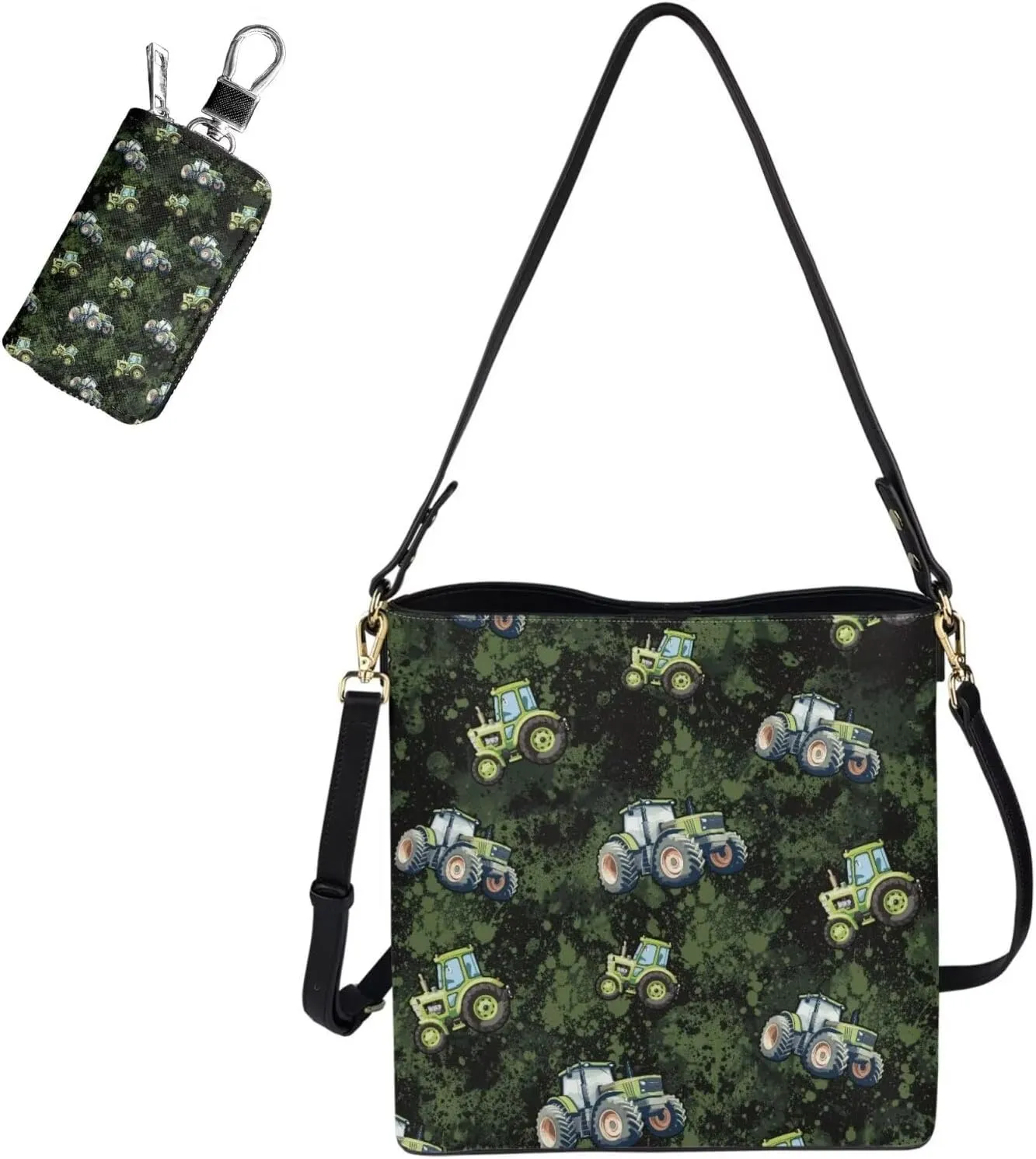 Leather Bucket Bag Set for Women Shoulder Bag with Car Key Case 2 Pcs Crossbody Bag with Detachable Strap