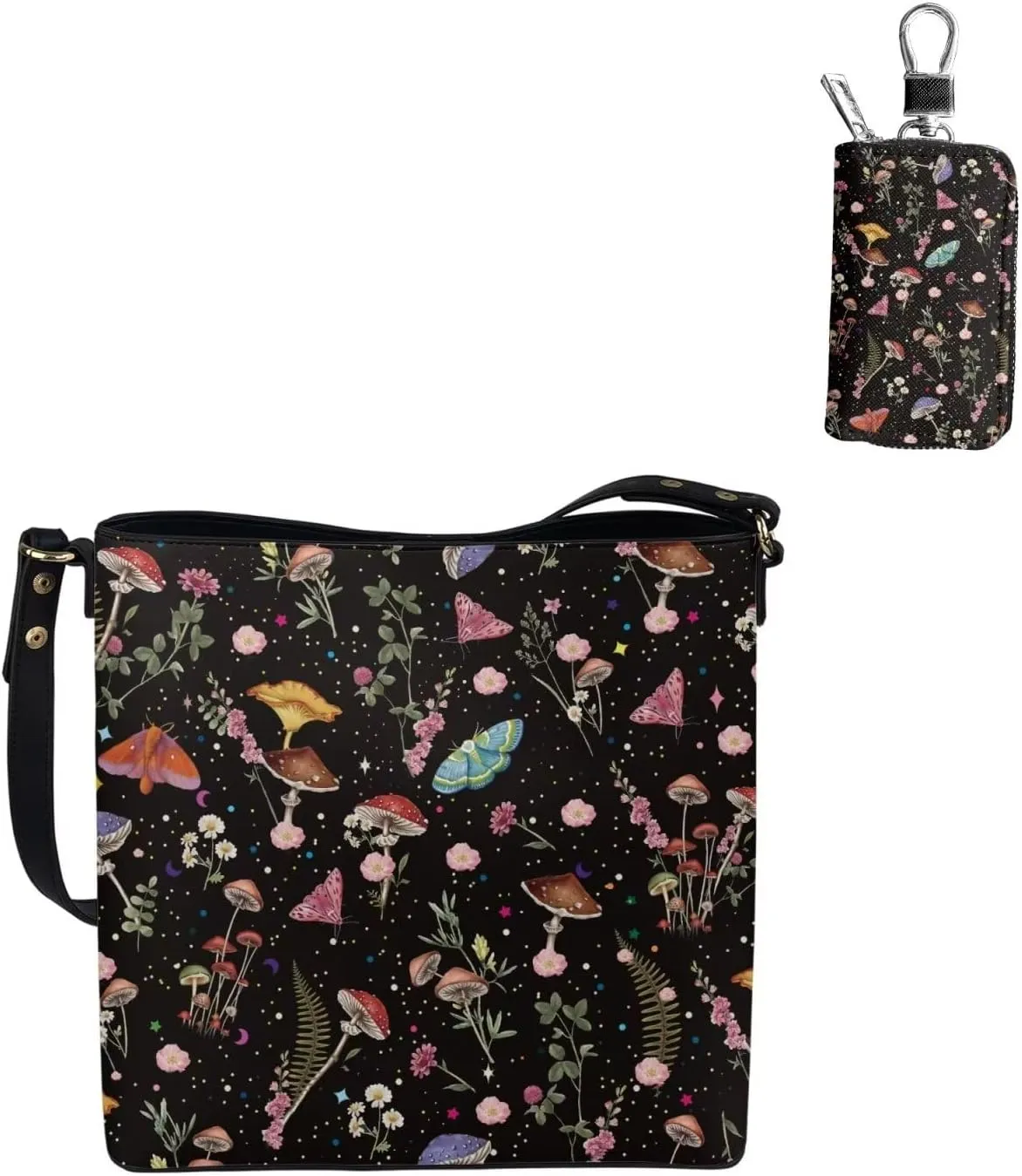 Leather Bucket Bag Set for Women Shoulder Bag with Car Key Case 2 Pcs Crossbody Bag with Detachable Strap