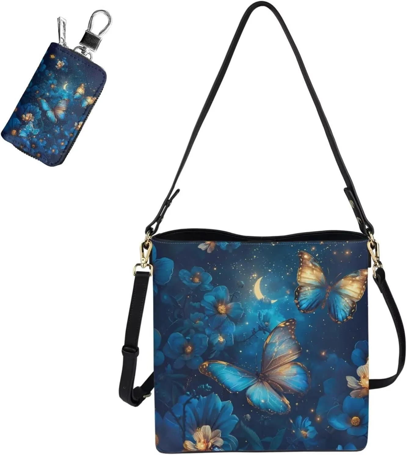 Leather Bucket Bag Set for Women Shoulder Bag with Car Key Case 2 Pcs Crossbody Bag with Detachable Strap