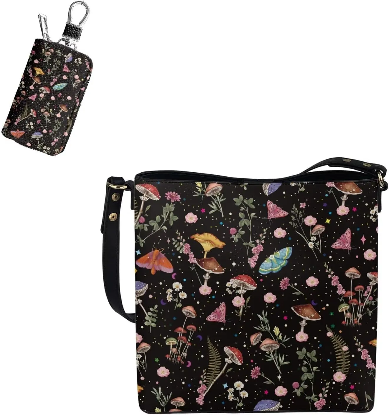 Leather Bucket Bag Set for Women Shoulder Bag with Car Key Case 2 Pcs Crossbody Bag with Detachable Strap