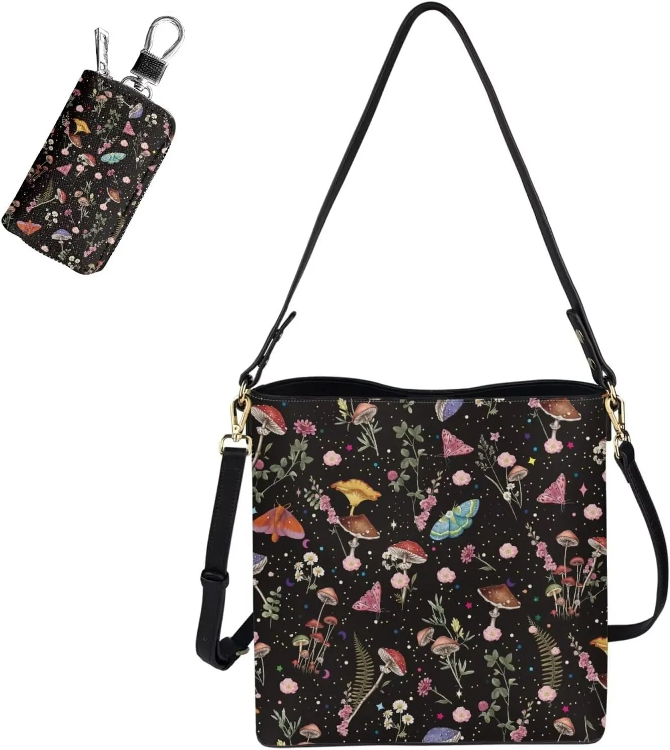 Leather Bucket Bag Set for Women Shoulder Bag with Car Key Case 2 Pcs Crossbody Bag with Detachable Strap