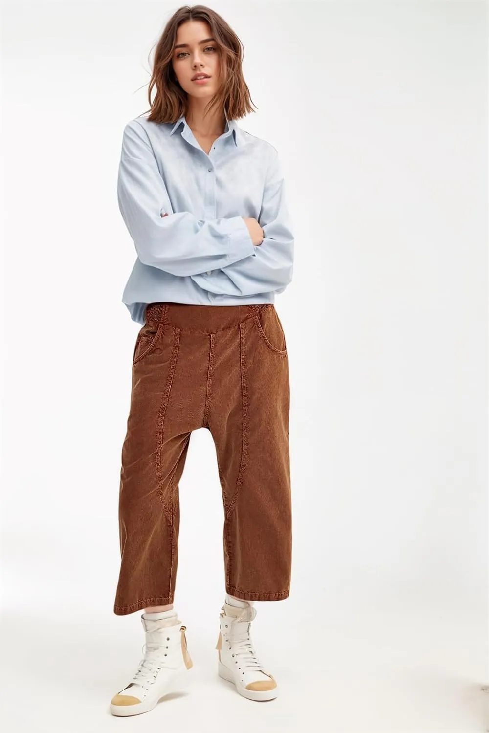 LifeShe Cropped Corduroy Pants Women Casual Elastic Waist Pant Loose Comfy Harem Trouser with Pockets