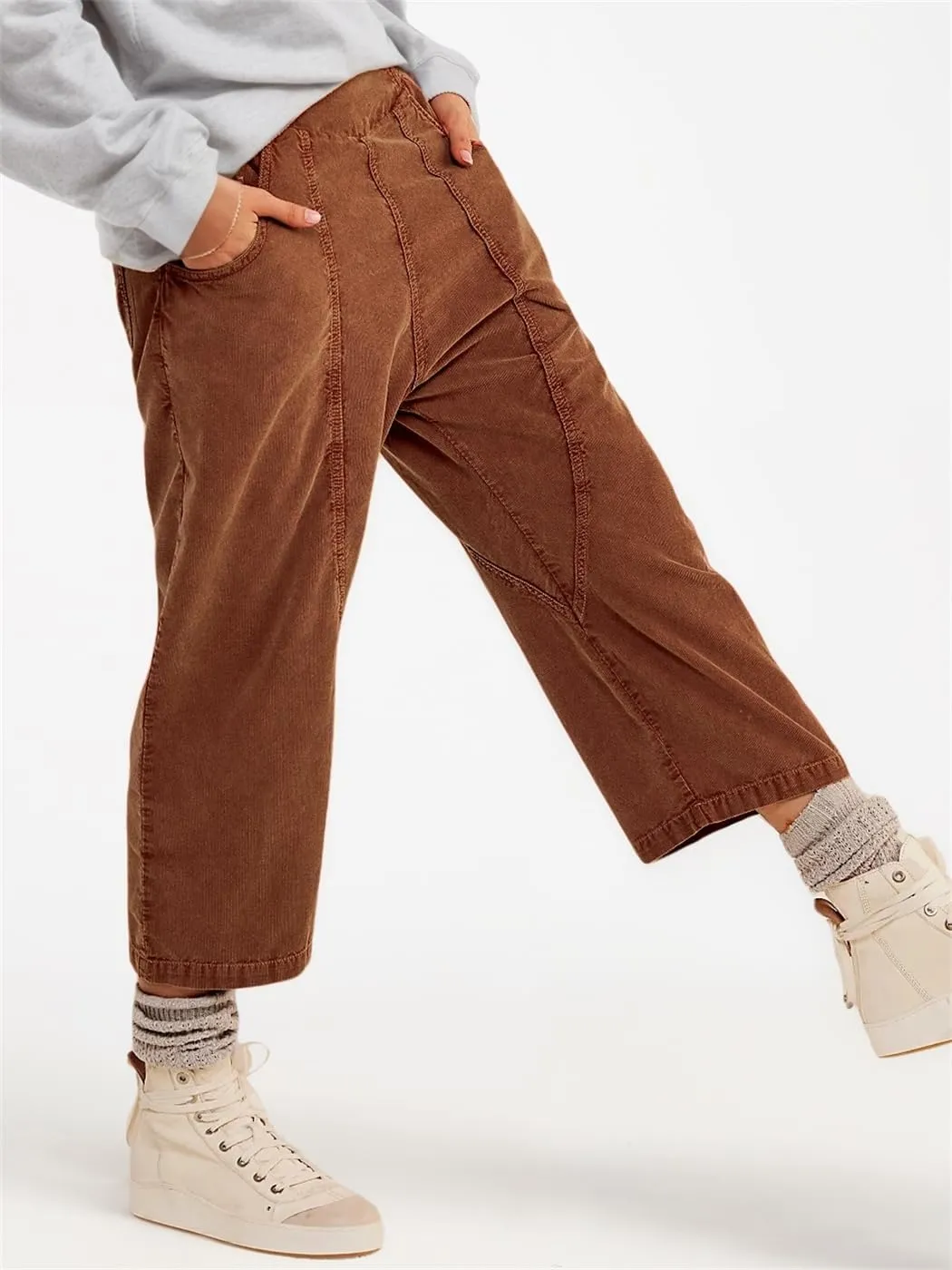 LifeShe Cropped Corduroy Pants Women Casual Elastic Waist Pant Loose Comfy Harem Trouser with Pockets