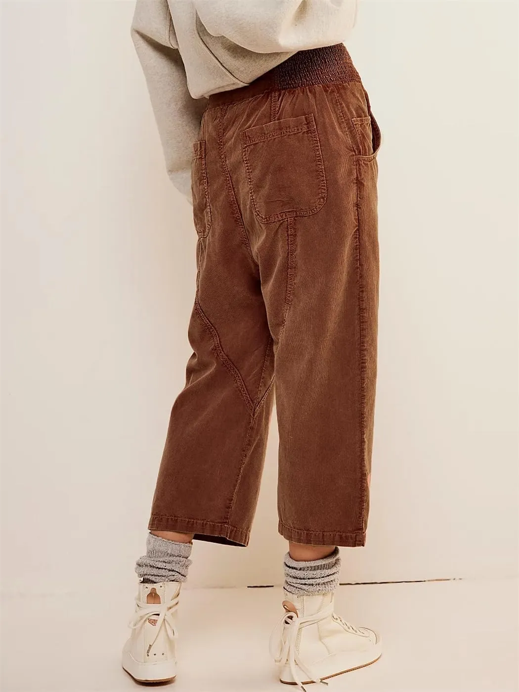 LifeShe Cropped Corduroy Pants Women Casual Elastic Waist Pant Loose Comfy Harem Trouser with Pockets