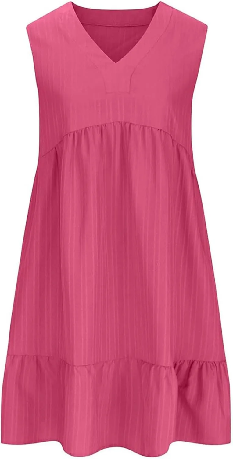 Linen Maxi Dresses for Women 2025 Sleeveless V Neck Tank Dress Fashion Casual Flowy Boho Ruffle A Line Swing Sundresses