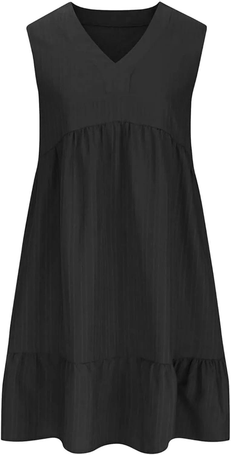 Linen Maxi Dresses for Women 2025 Sleeveless V Neck Tank Dress Fashion Casual Flowy Boho Ruffle A Line Swing Sundresses