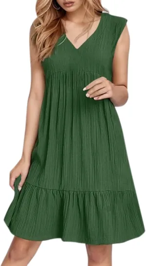 Linen Maxi Dresses for Women 2025 Sleeveless V Neck Tank Dress Fashion Casual Flowy Boho Ruffle A Line Swing Sundresses