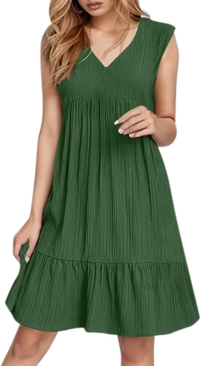 Linen Maxi Dresses for Women 2025 Sleeveless V Neck Tank Dress Fashion Casual Flowy Boho Ruffle A Line Swing Sundresses