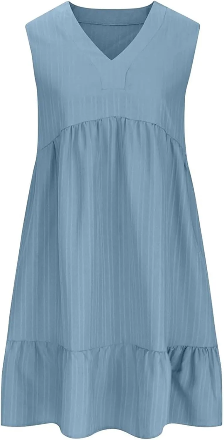 Linen Maxi Dresses for Women 2025 Sleeveless V Neck Tank Dress Fashion Casual Flowy Boho Ruffle A Line Swing Sundresses