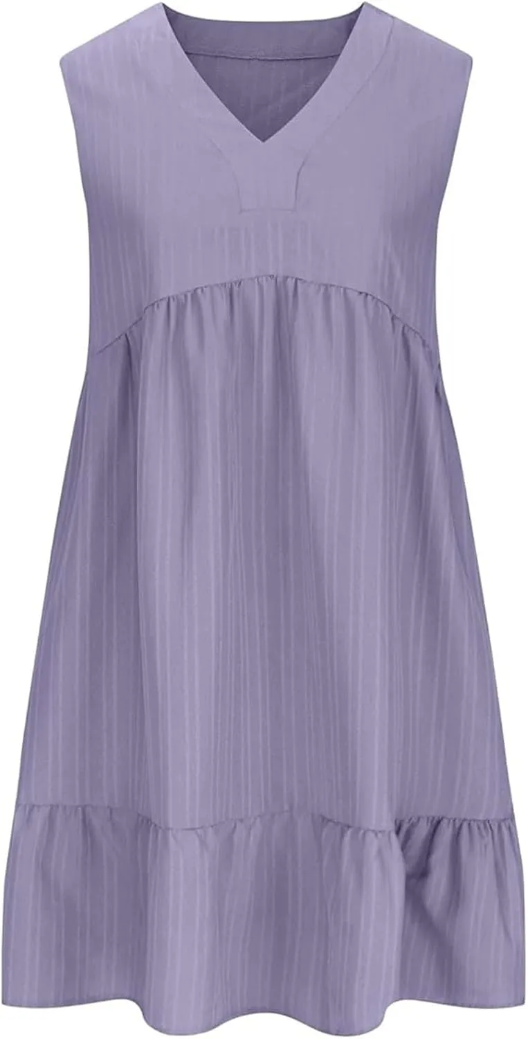 Linen Maxi Dresses for Women 2025 Sleeveless V Neck Tank Dress Fashion Casual Flowy Boho Ruffle A Line Swing Sundresses