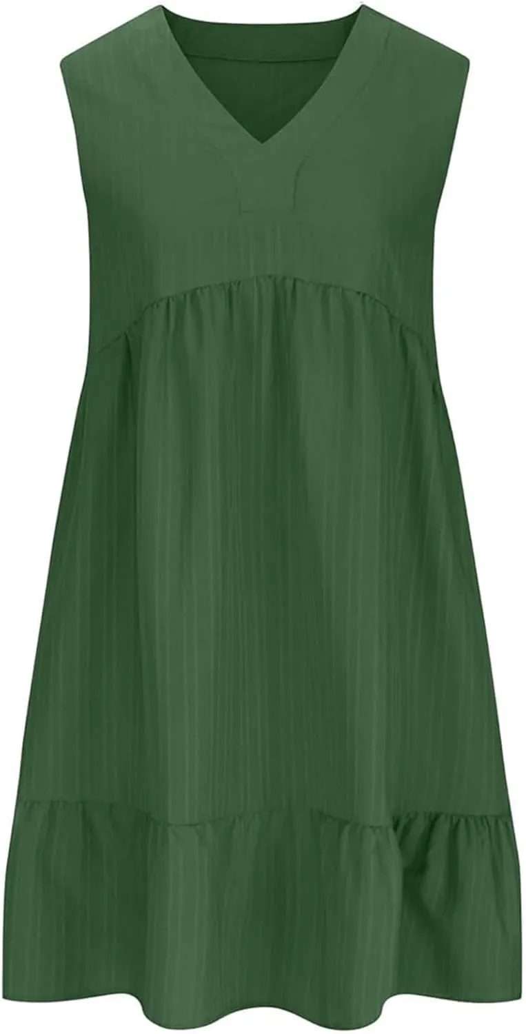 Linen Maxi Dresses for Women 2025 Sleeveless V Neck Tank Dress Fashion Casual Flowy Boho Ruffle A Line Swing Sundresses