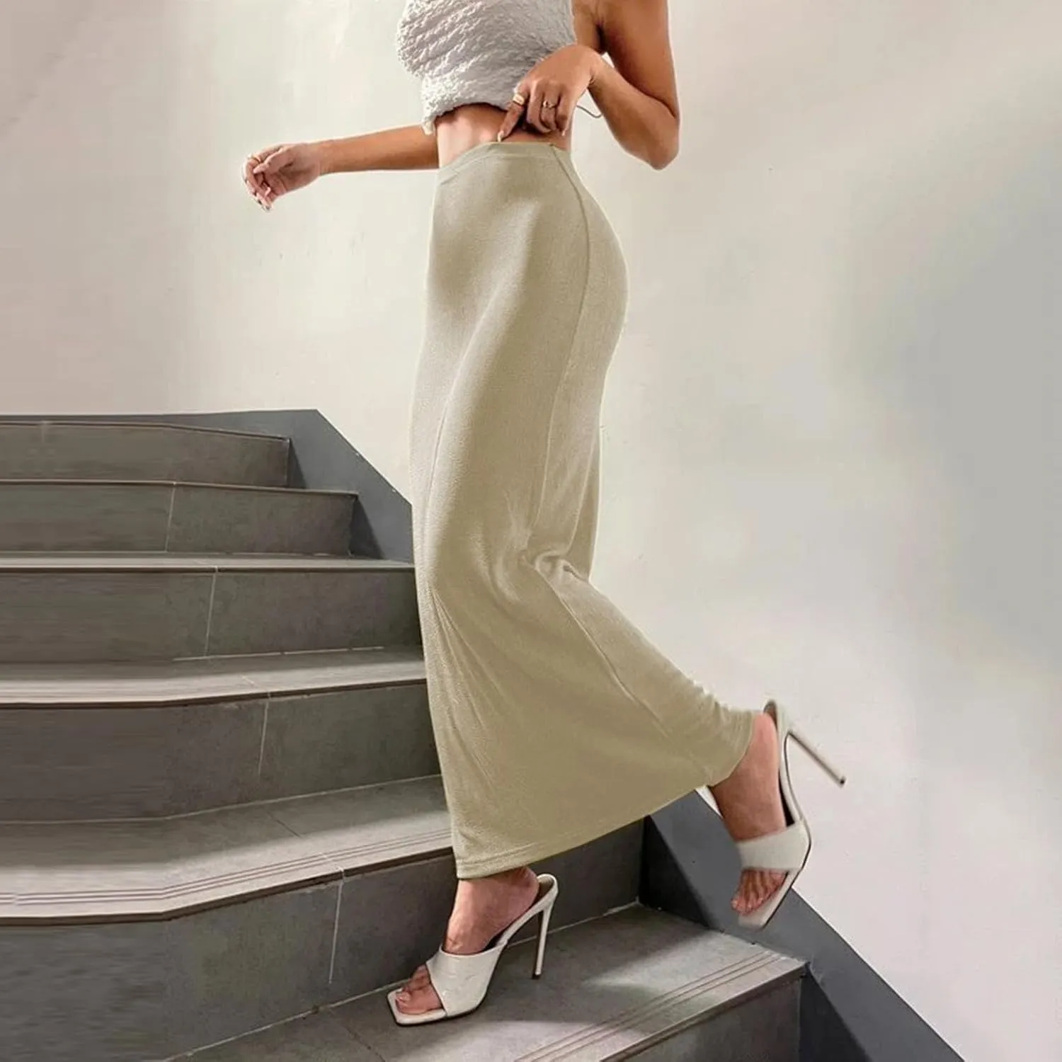 Lmdudan Women's Solid Color High Waist Maxi Skirt Casual Bodycon Long Pencil Skirt Plus Size Maxi Skirts Beach Party Skirts