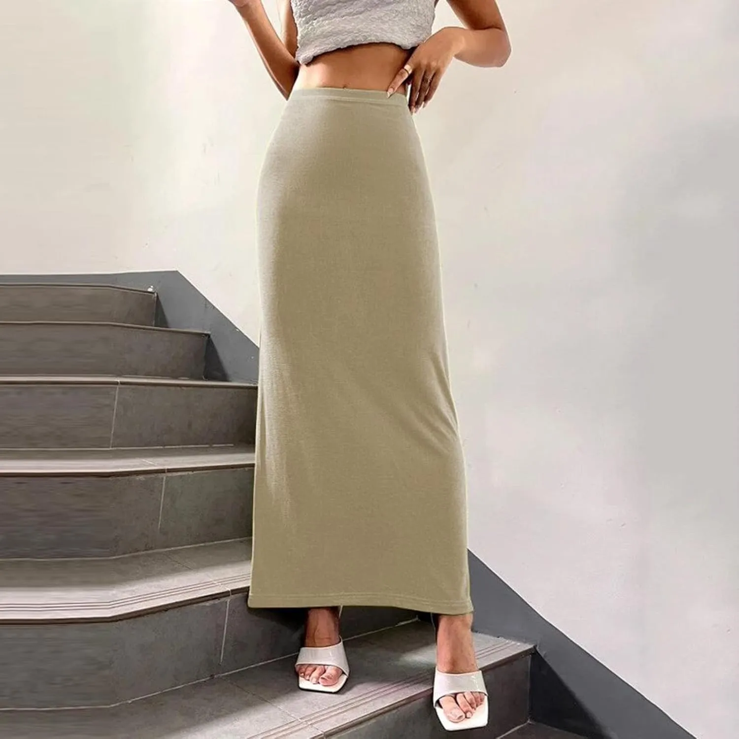 Lmdudan Women's Solid Color High Waist Maxi Skirt Casual Bodycon Long Pencil Skirt Plus Size Maxi Skirts Beach Party Skirts