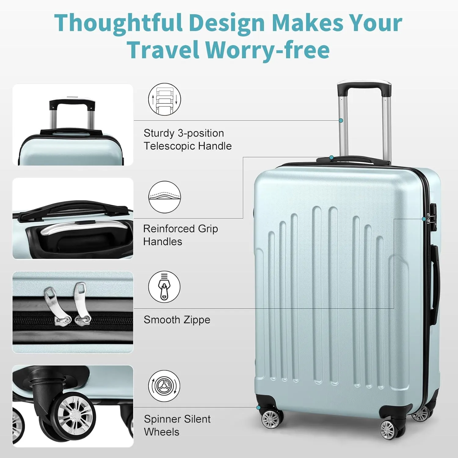 Luggage Sets of 3, Lightweight ABS PC Hardside Suitcases with Wheels, TSA Lock & 4 Spinner Wheels, Carry-On & Check-In Travel Trolley for Business Trips, 20" 24" 28" (Mint Green)