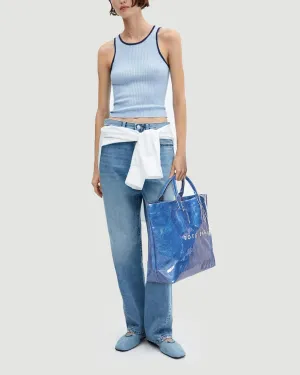 Lushandy PVC Tote Bag Women's Letters Print Large Kraft Paper Carry All Bag Top Handle Clear Hobo Handbag