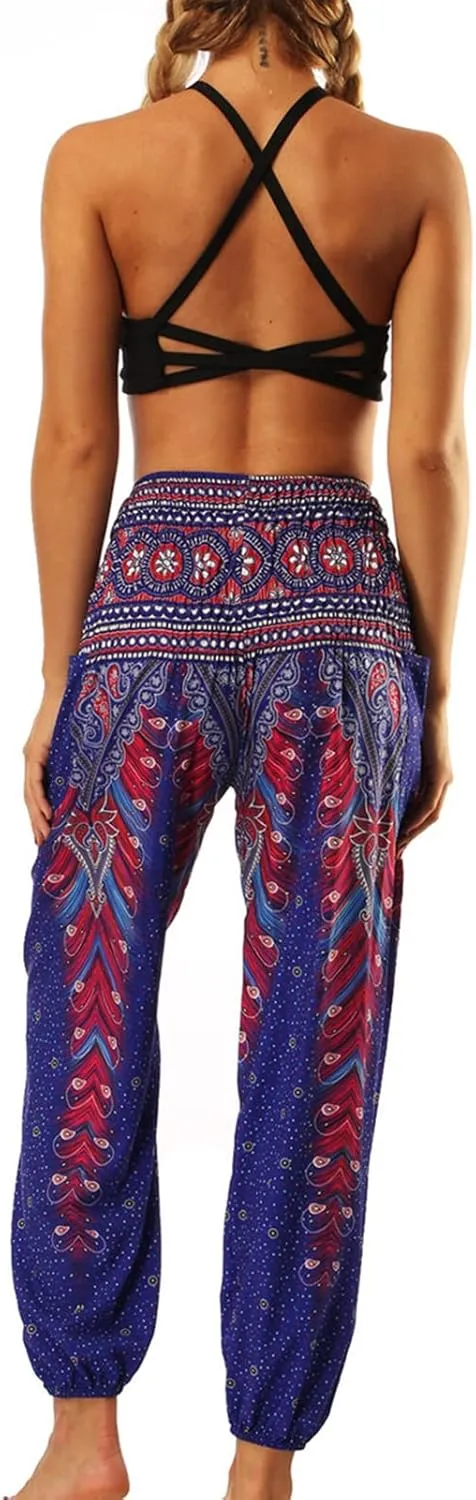 Maiyifu-GJ Women's Smocked Waist Boho Harem Pants - Summer Beach Hippie Thai Bloomer with Pockets