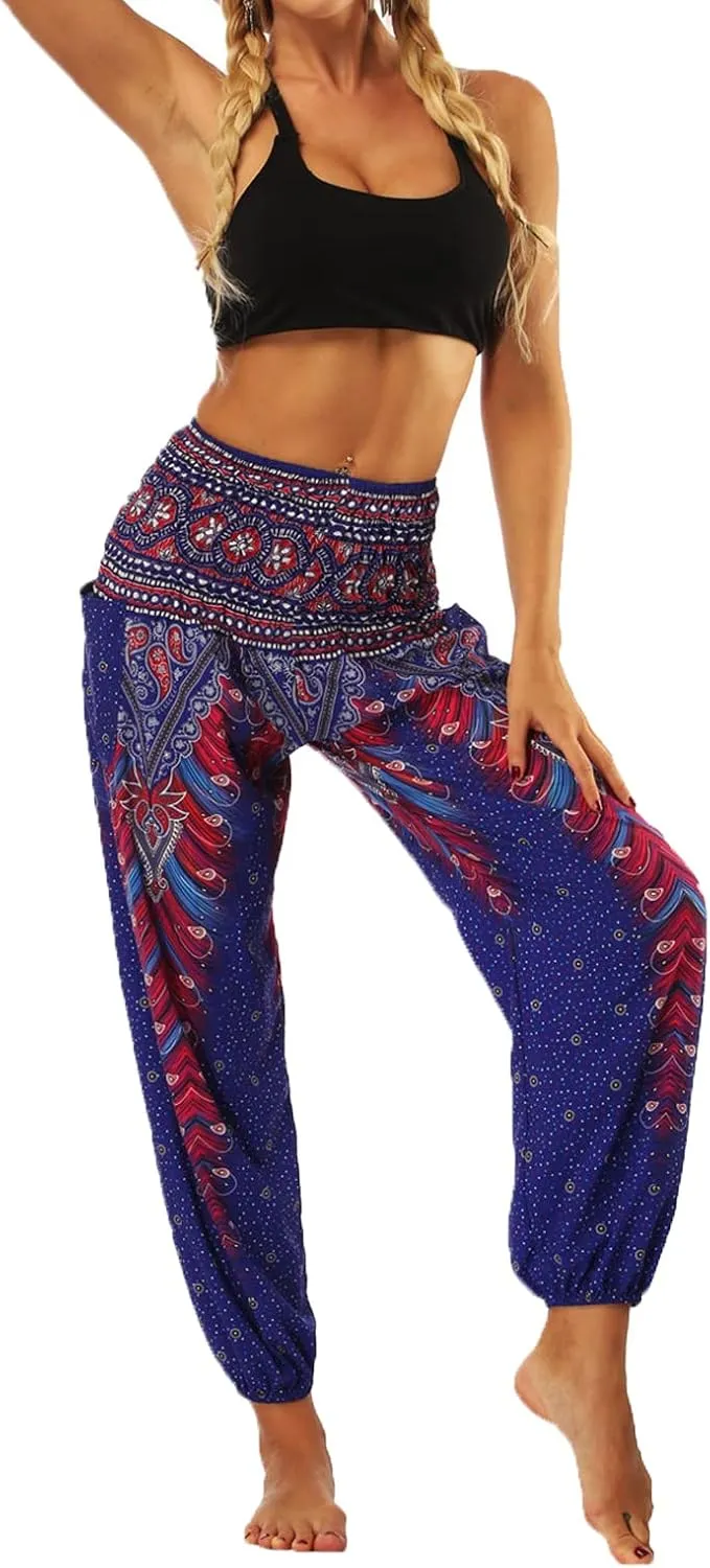 Maiyifu-GJ Women's Smocked Waist Boho Harem Pants - Summer Beach Hippie Thai Bloomer with Pockets