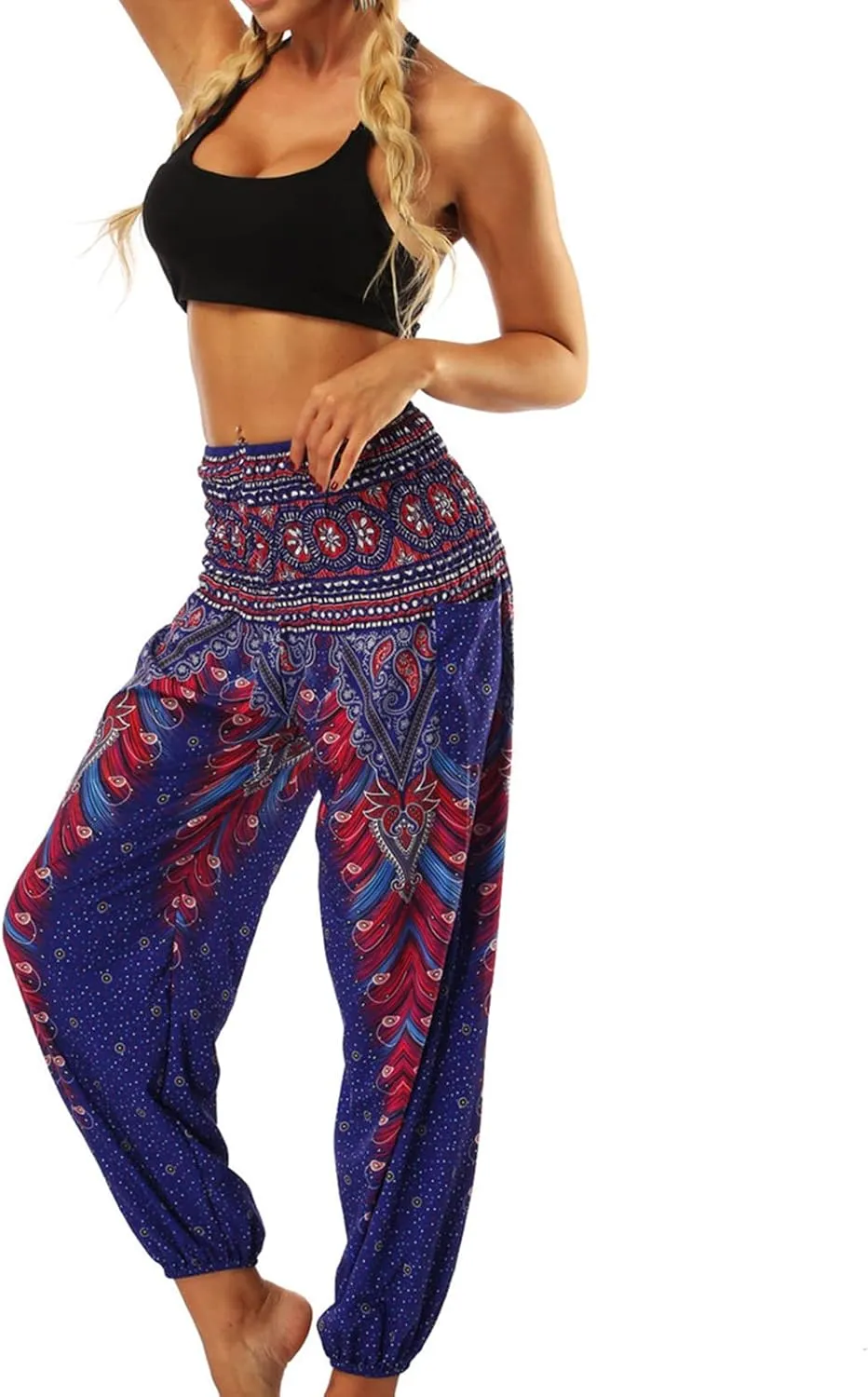 Maiyifu-GJ Women's Smocked Waist Boho Harem Pants - Summer Beach Hippie Thai Bloomer with Pockets