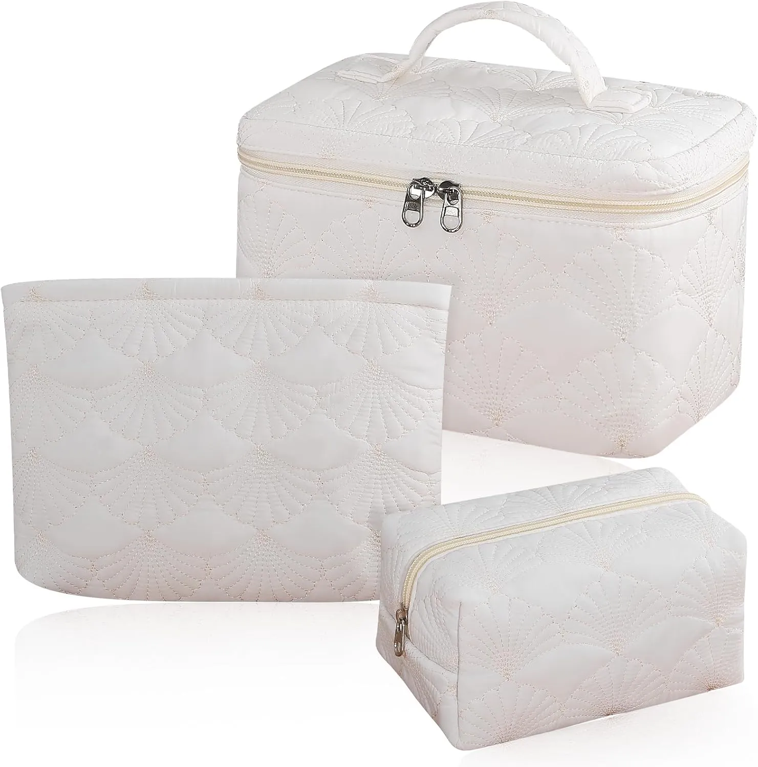 Makeup Bag For Women, Large Capacity Quilted Cosmetic Bag Set of 3, Cute Travel Toiletry Bag organizer with HandleMakeup Pouch,wihte