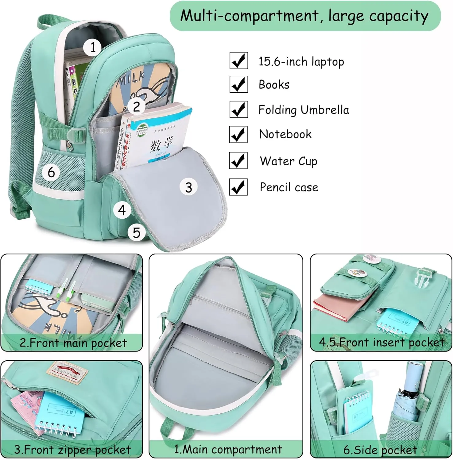Makukke School Backpacks for Teen Girls - Laptop Backpacks 15.6 Inch College Cute Bookbag Anti Theft Women Casual Daypack,Green Backpack