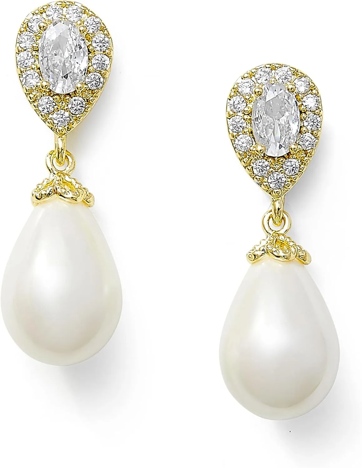 Mariell Pearl Gold Clip-On Wedding Earrings for Brides, Pearl and CZ Non-Pierced Drop Bridal Earring
