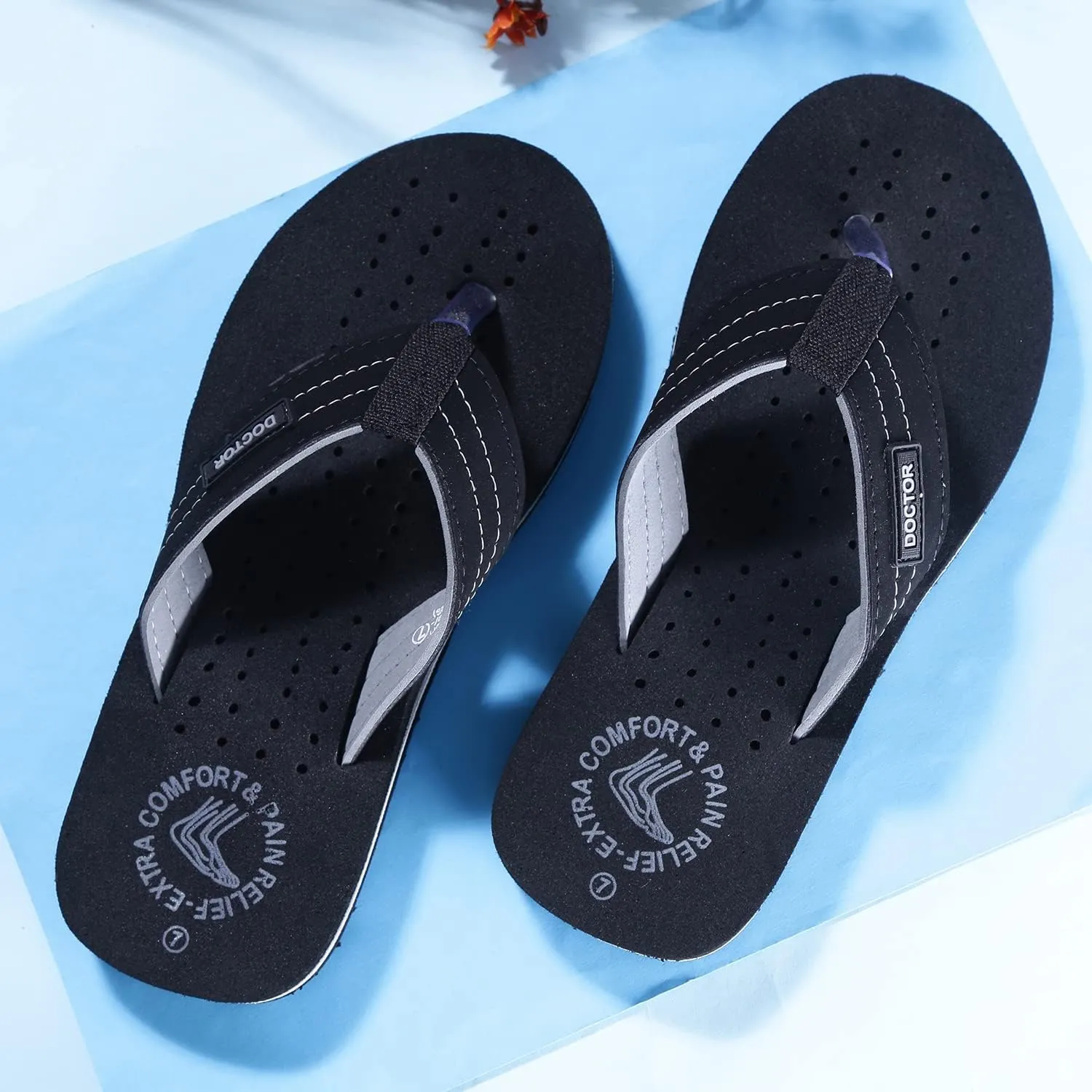 Men's Diabetic & Orthopedic Comfort Slipper, Flip-Flop, Black, Flat, Slip On, Rubber Sole, Open Toe, Strapless, EVA, Adults, Male