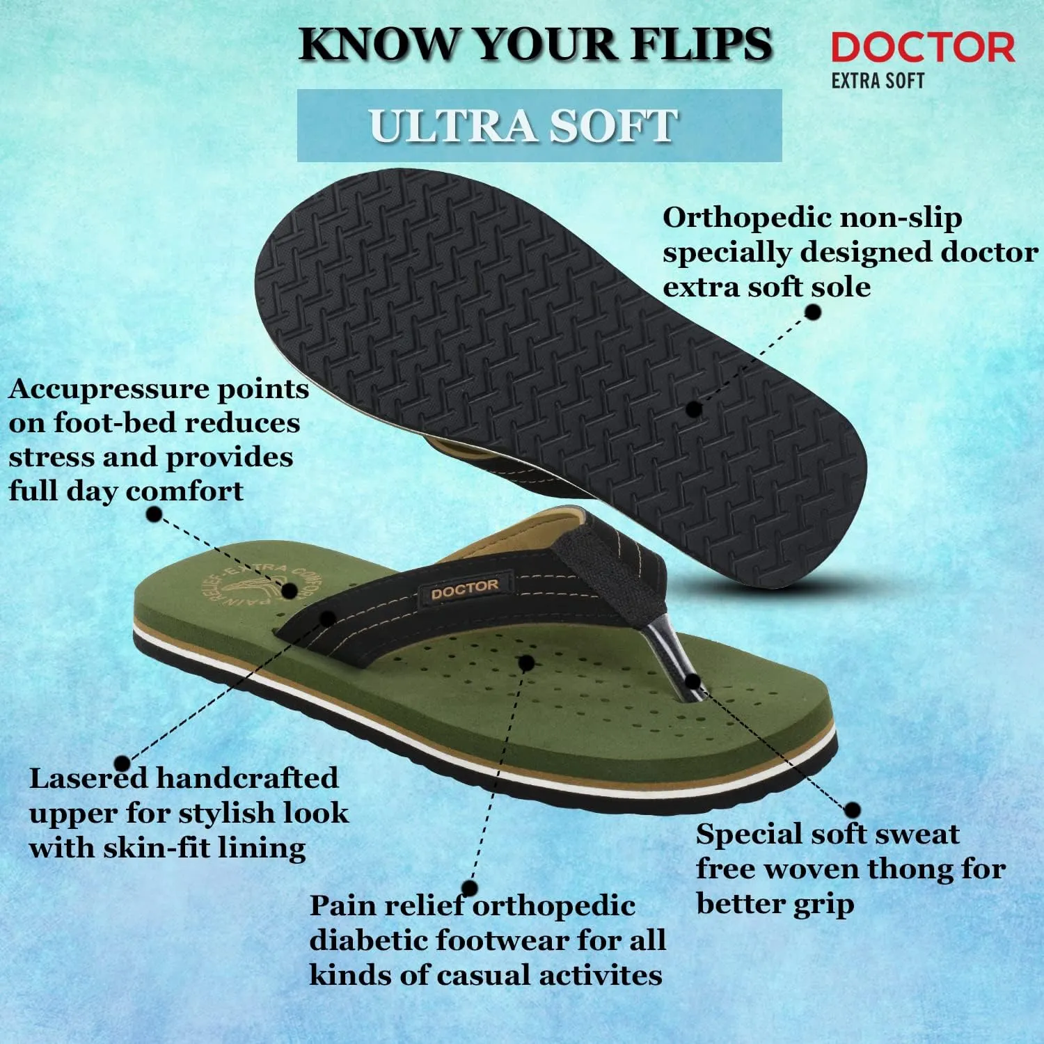 Men's Diabetic & Orthopedic Comfort Slipper, Flip-Flop, Black, Flat, Slip On, Rubber Sole, Open Toe, Strapless, EVA, Adults, Male