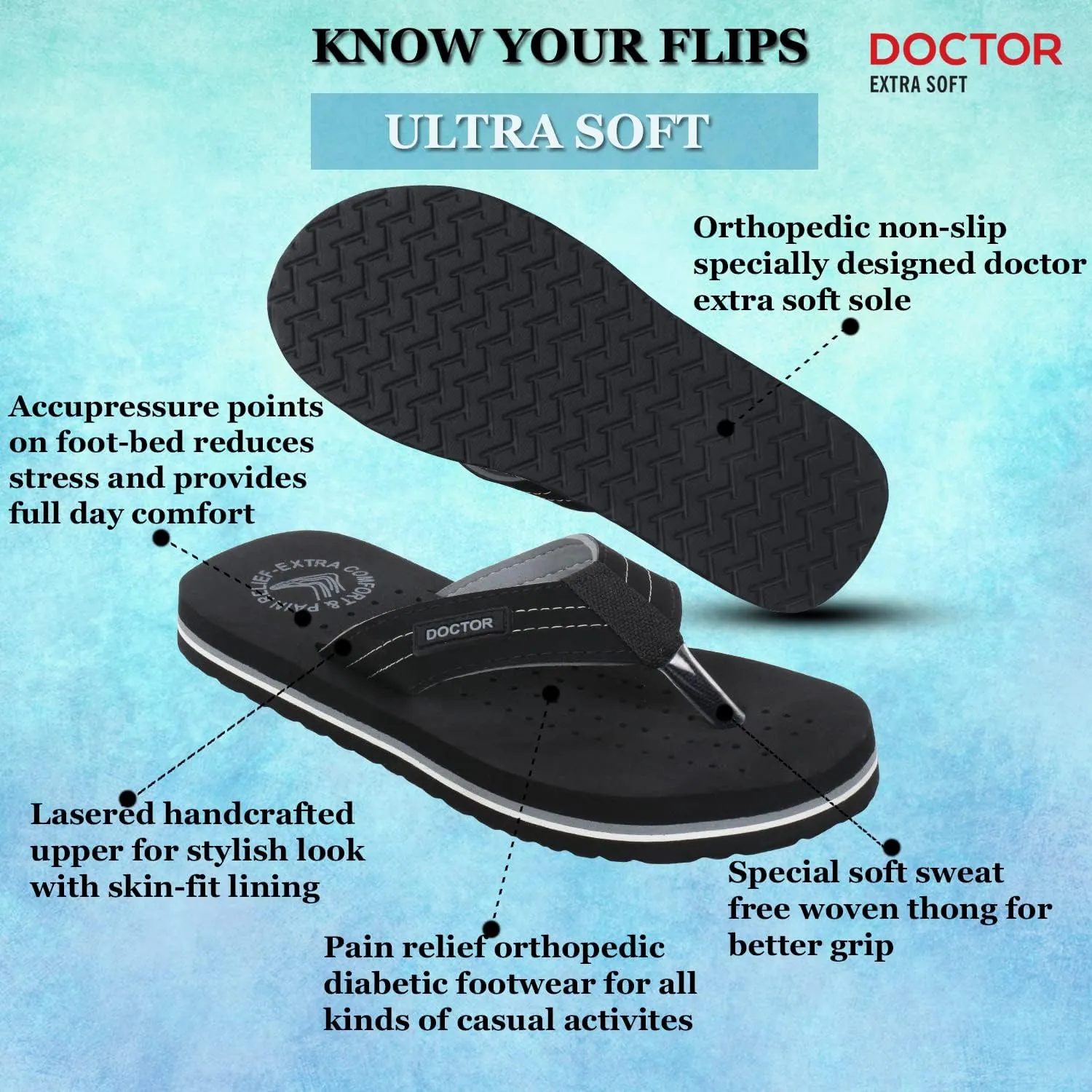 Men's Diabetic & Orthopedic Comfort Slipper, Flip-Flop, Black, Flat, Slip On, Rubber Sole, Open Toe, Strapless, EVA, Adults, Male