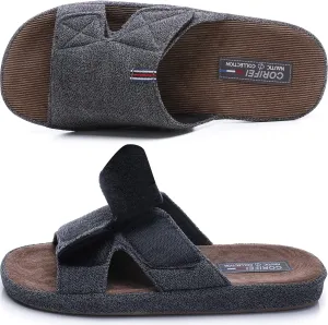 Men's Open Toe Slippers Adjustable House Slippers with Arch Support Cross Band Anti-Slip Indoor Outdoor Slides