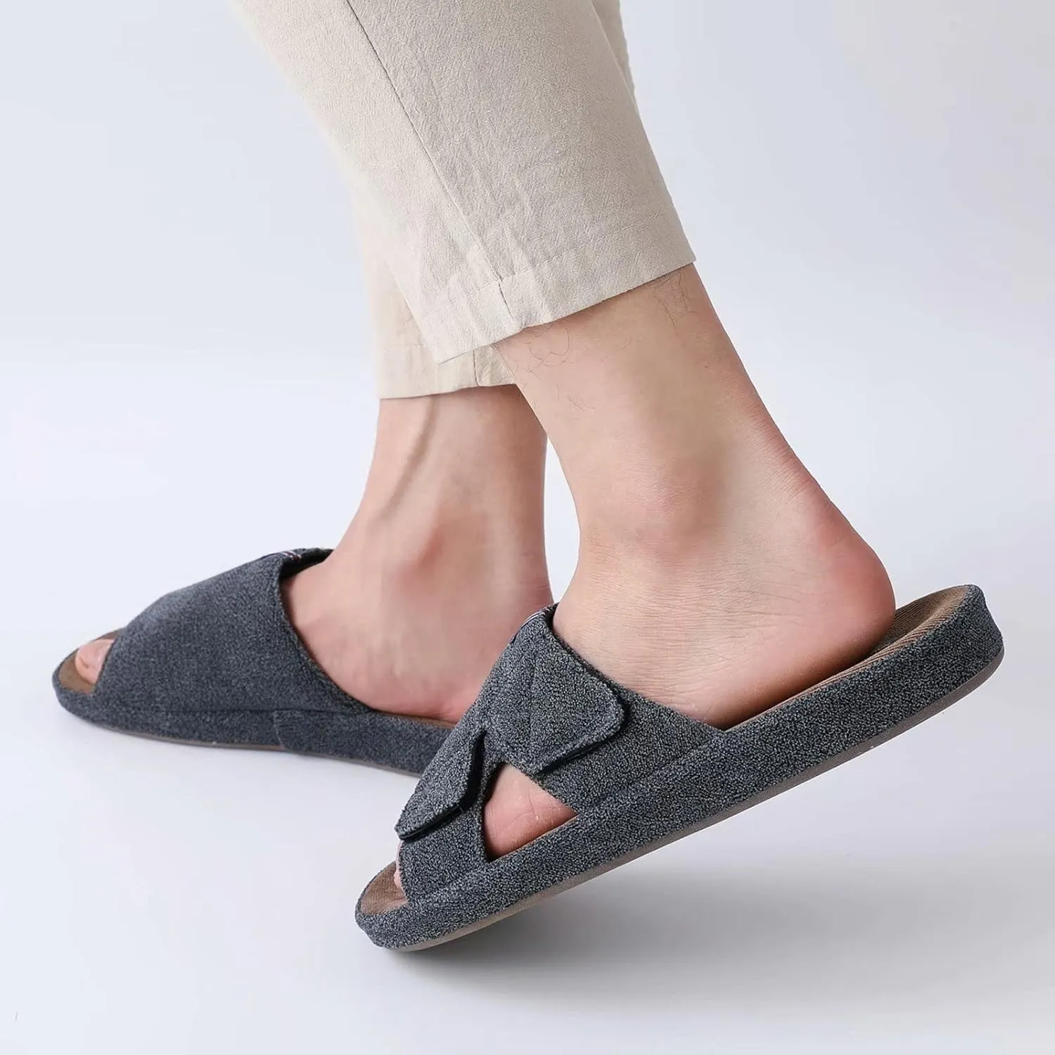 Men's Open Toe Slippers Adjustable House Slippers with Arch Support Cross Band Anti-Slip Indoor Outdoor Slides