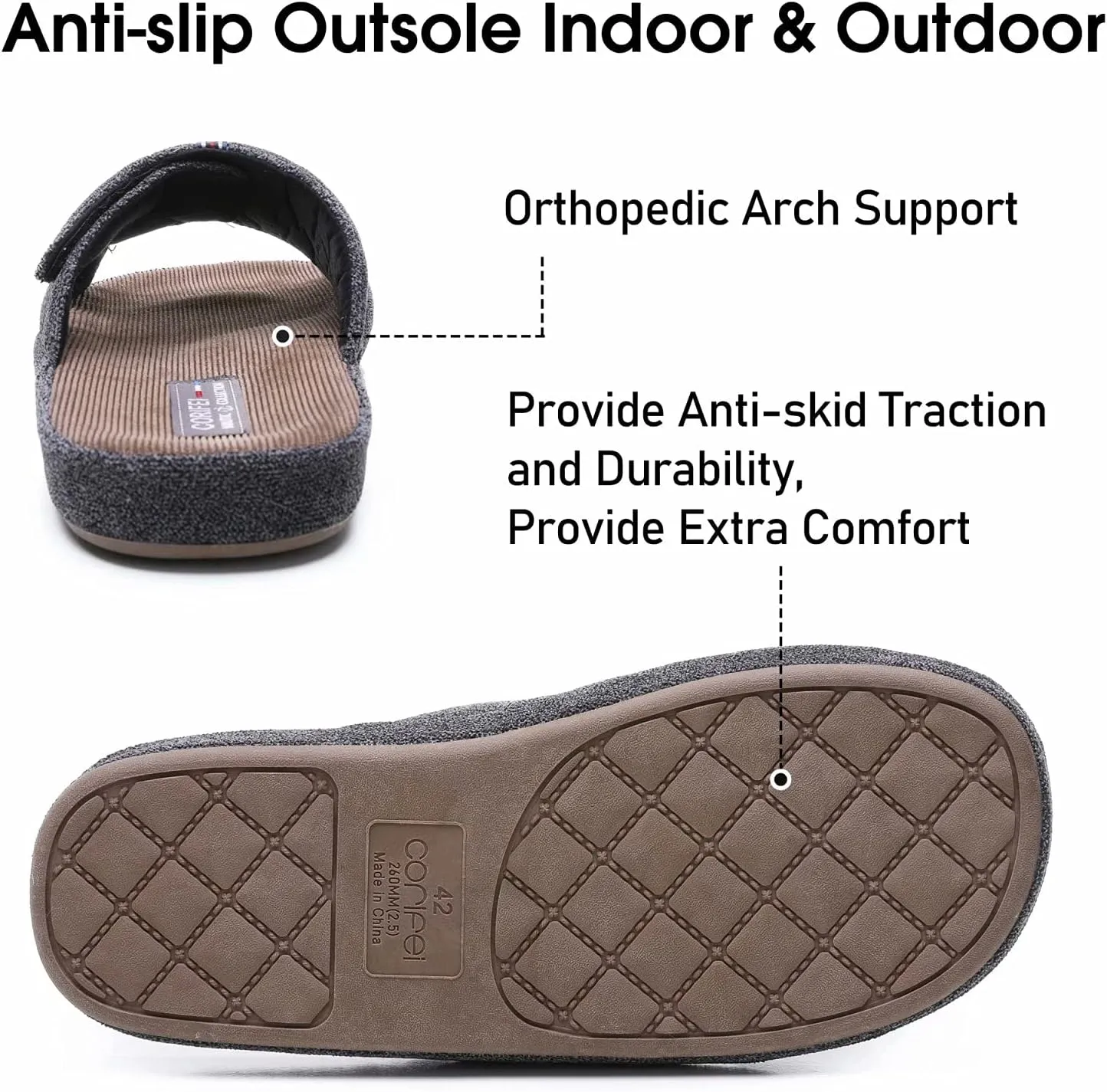 Men's Open Toe Slippers Adjustable House Slippers with Arch Support Cross Band Anti-Slip Indoor Outdoor Slides
