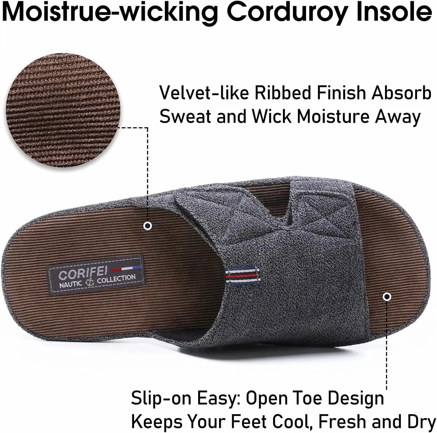 Men's Open Toe Slippers Adjustable House Slippers with Arch Support Cross Band Anti-Slip Indoor Outdoor Slides